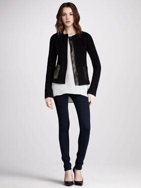 VINCE Black Wool Boucle Knit Lamb Leather Minimalist Collarless Jacket, Size 2